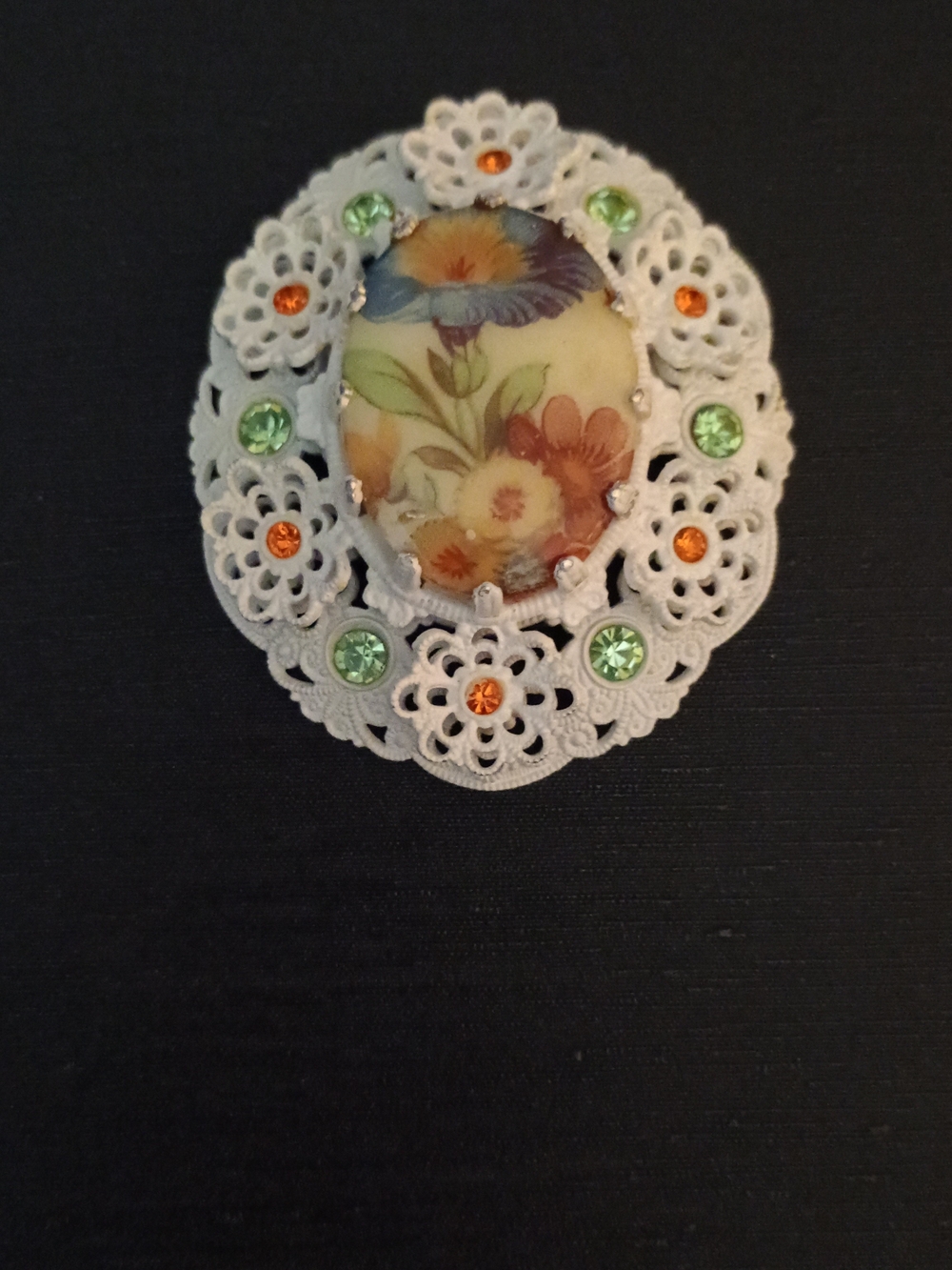 Vintage West Germany  Porcelain Cameo Brooch with White Filigree and  Rhinestone
